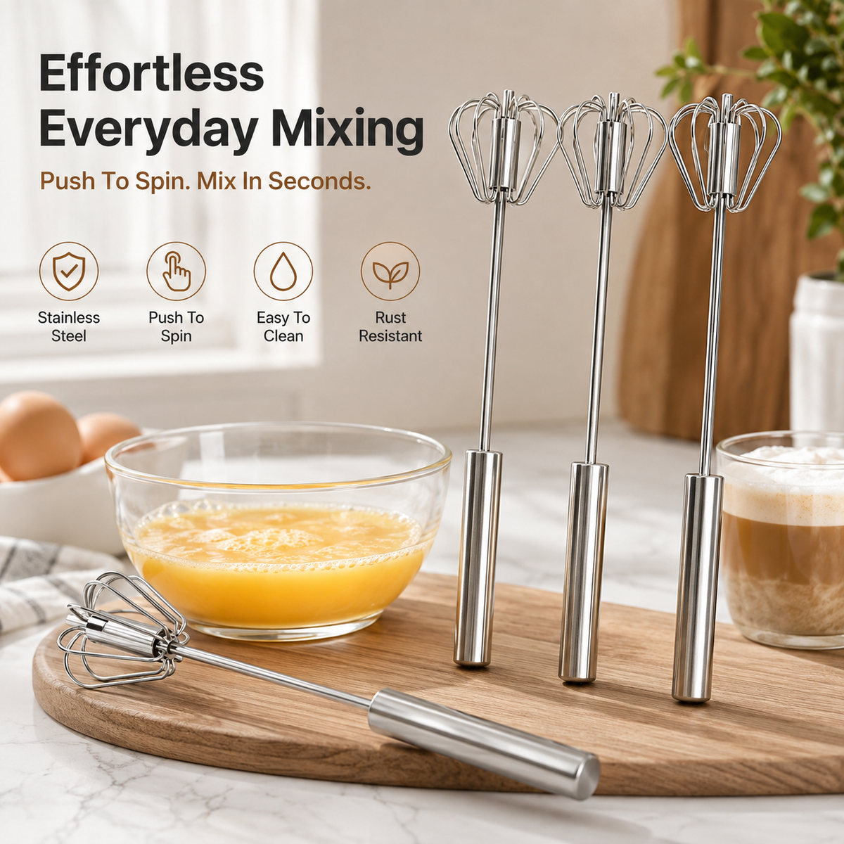 π³ Hand Push Rotary Whisk - Stainless Steel Automatic Spinning Egg Beater Kitchen Tool