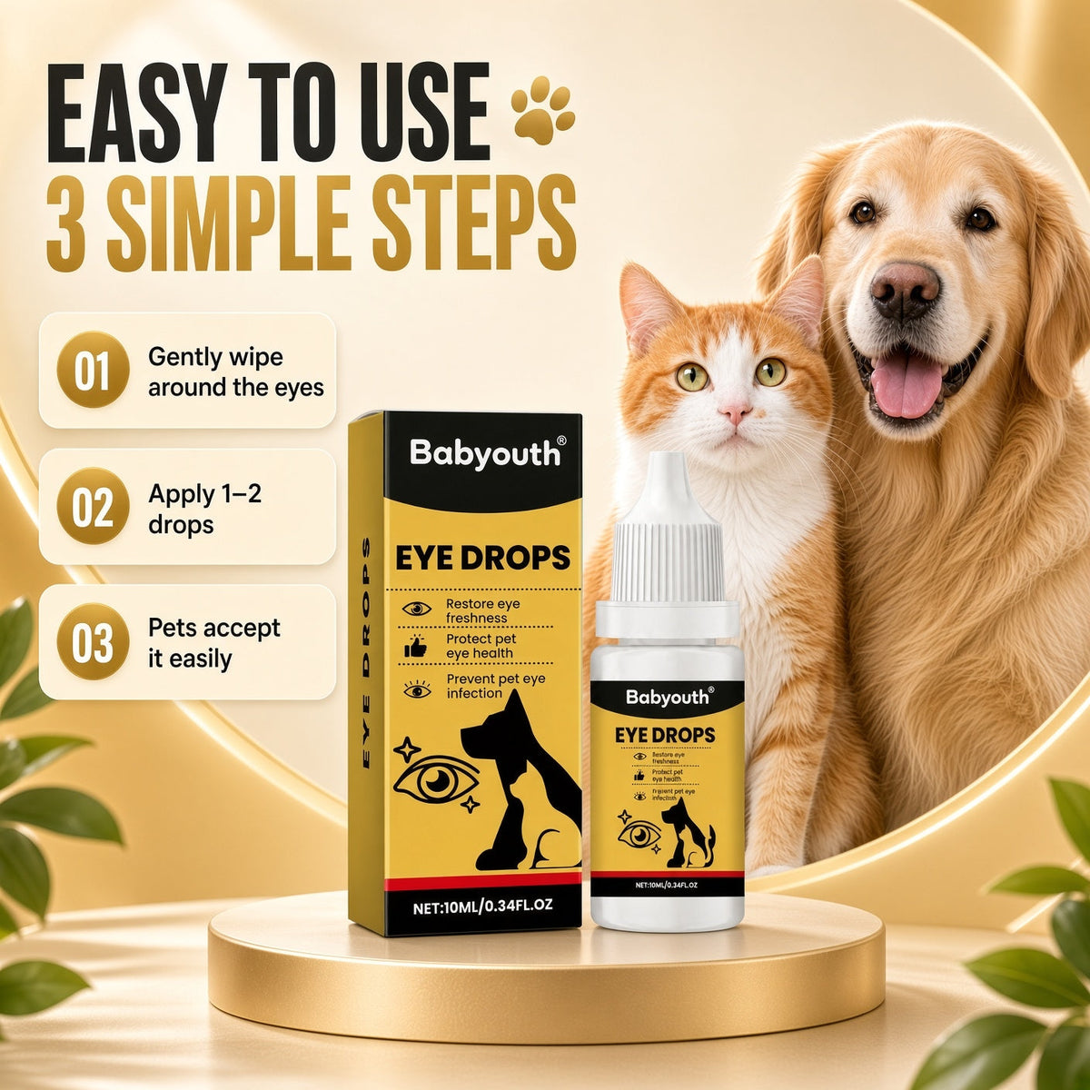 Babyouth Eye Care Solution for Cats and Dogs—for daily tear stain cleaning; supports eye comfort for cataract concerns, gentle care, mild formula, and easy to use.
